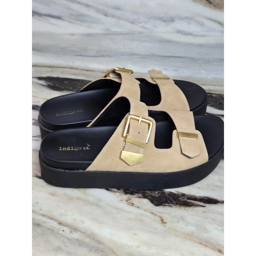 Indigo rd. Womens Tan Faux Suede Double Buckle Platform Slide Sandals Size 9.5 M